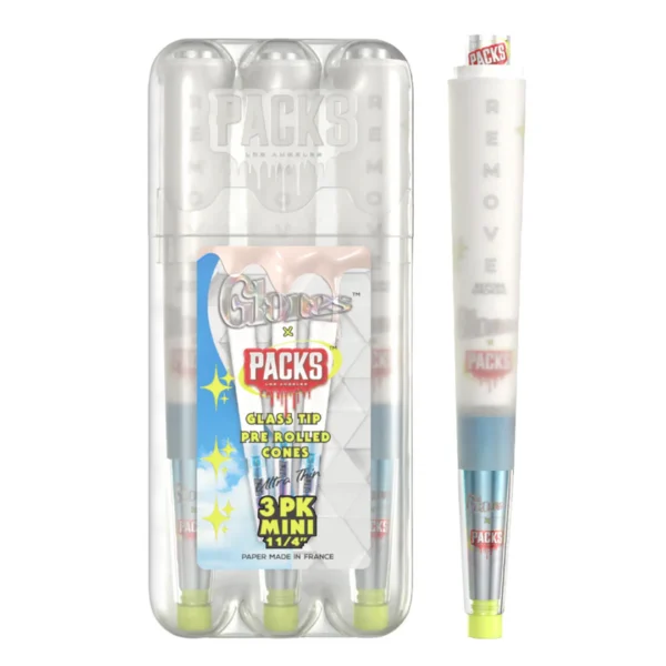 Glones X Packs 3 Pack Mini featuring ultra-thin pre-rolled cones in 1 1/4" size.