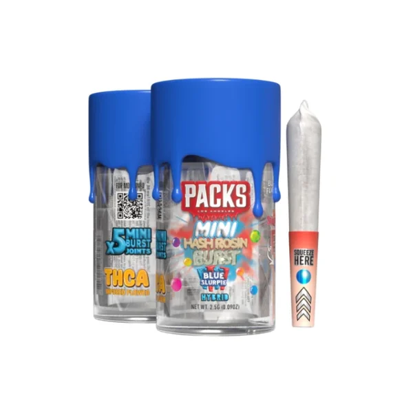 Packs Pre-Roll Mini Bursts Blue Slurpie showcasing a fruity, flavorful cannabis smoking experience.